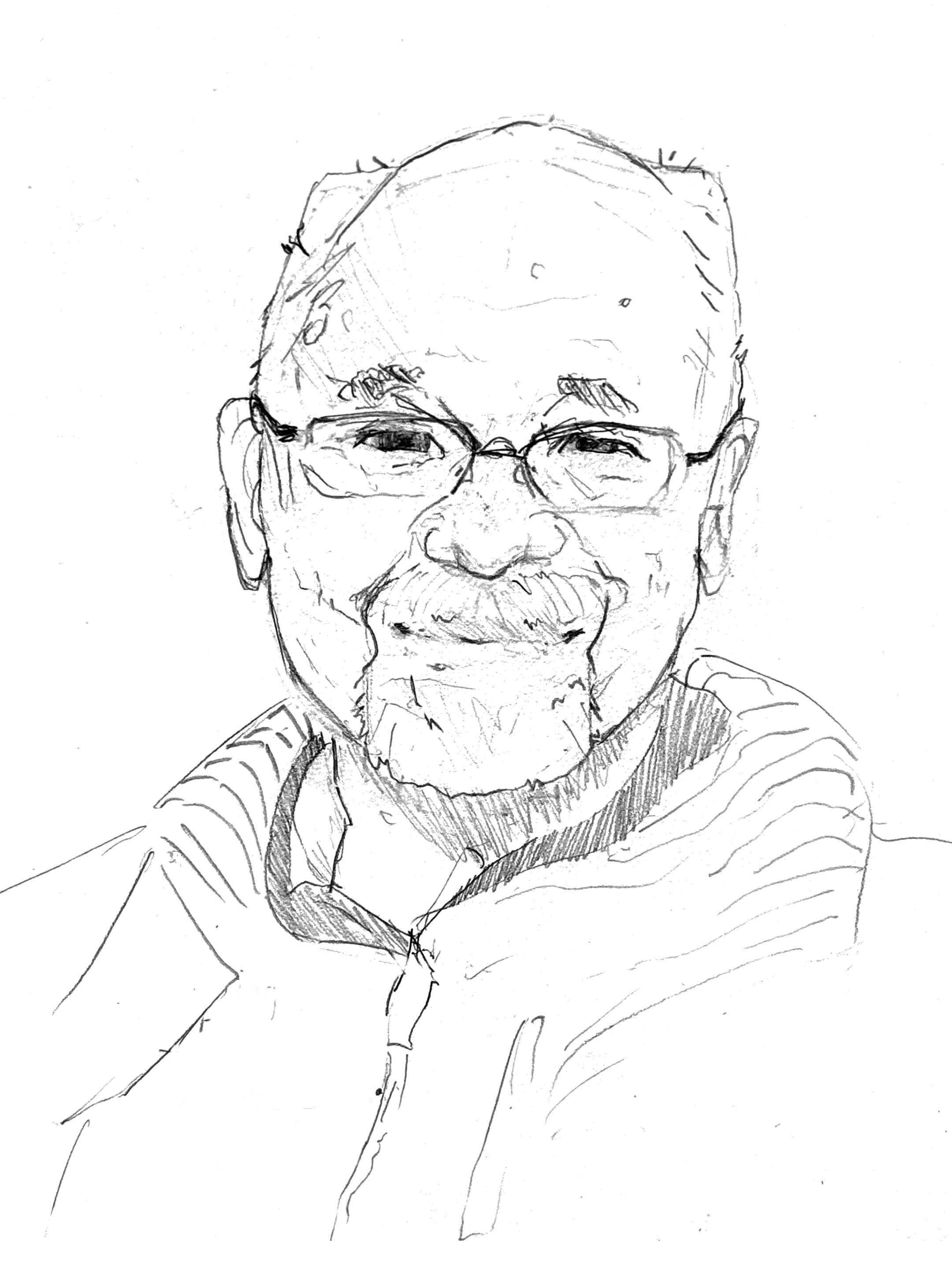 A pencil sketch of an old dude with thinning hair and glasses, sporting a slight grin. He's got wrinkles, a bit of stubble, and a relaxed vibe. The background's plain white, keeping all eyes on him. The sketch captures the texture of his hair and the details of his face.